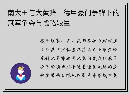 南大王与大黄蜂：德甲豪门争锋下的冠军争夺与战略较量