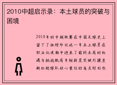 2010中超启示录：本土球员的突破与困境